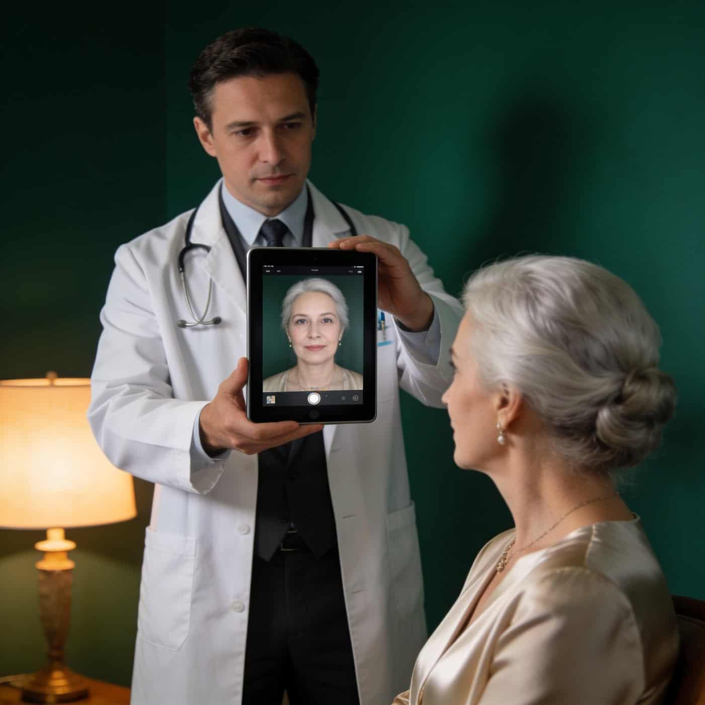 A surgeon showing a patient their AI preview on a tablet during a consultation