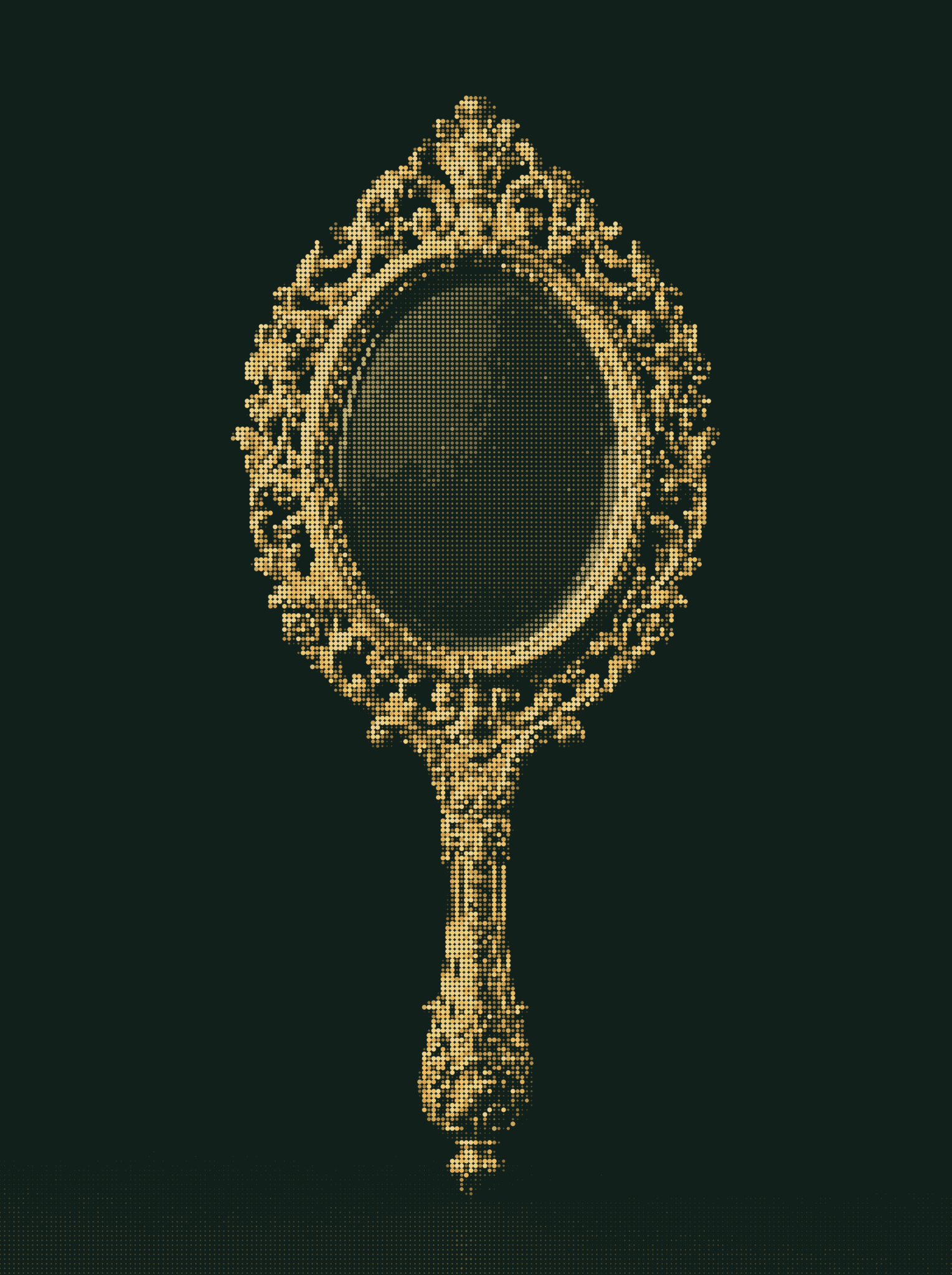 A gilded hand mirror rendered in the PreviewMD halftone style
