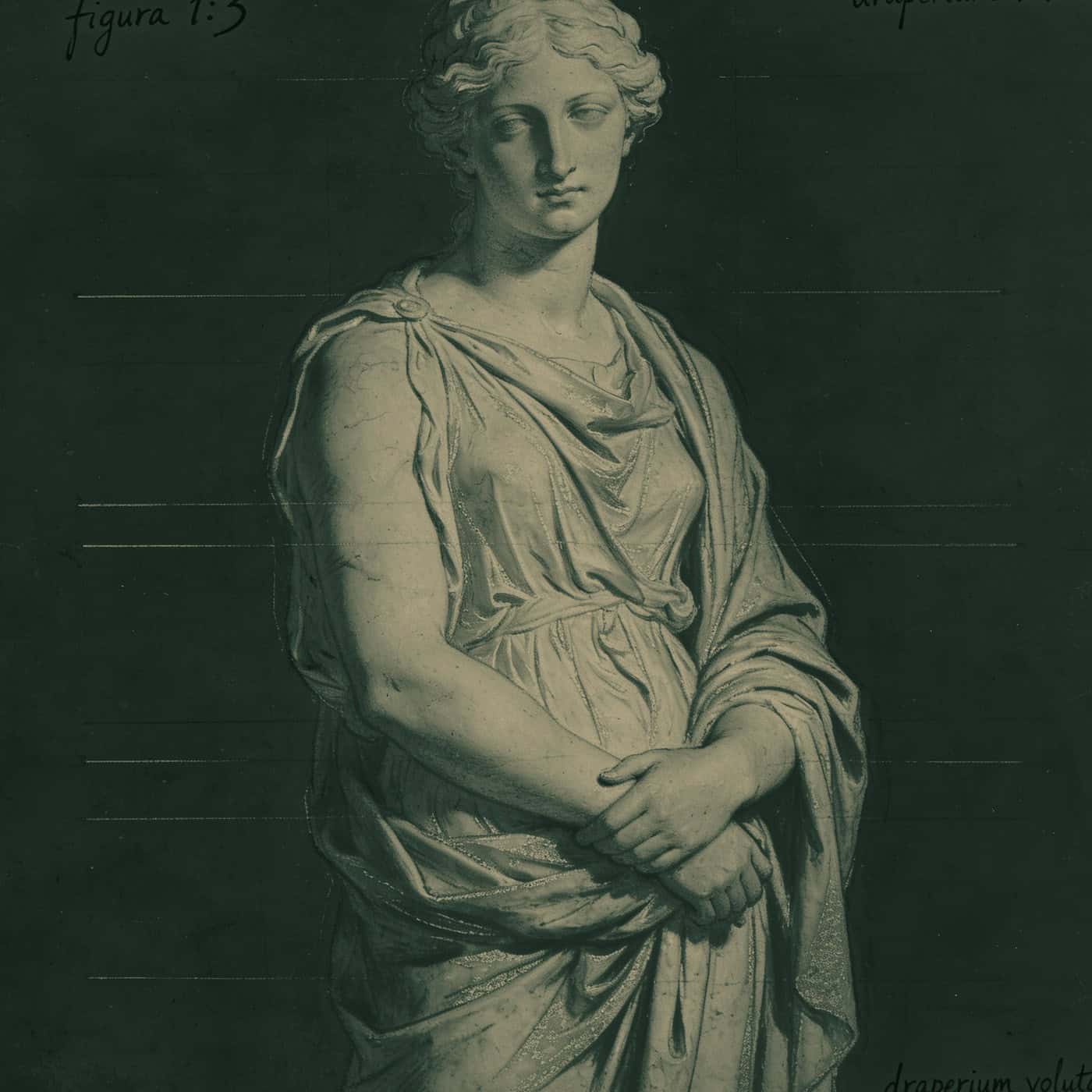 Classical drawing of a draped female figure inside the capture frame